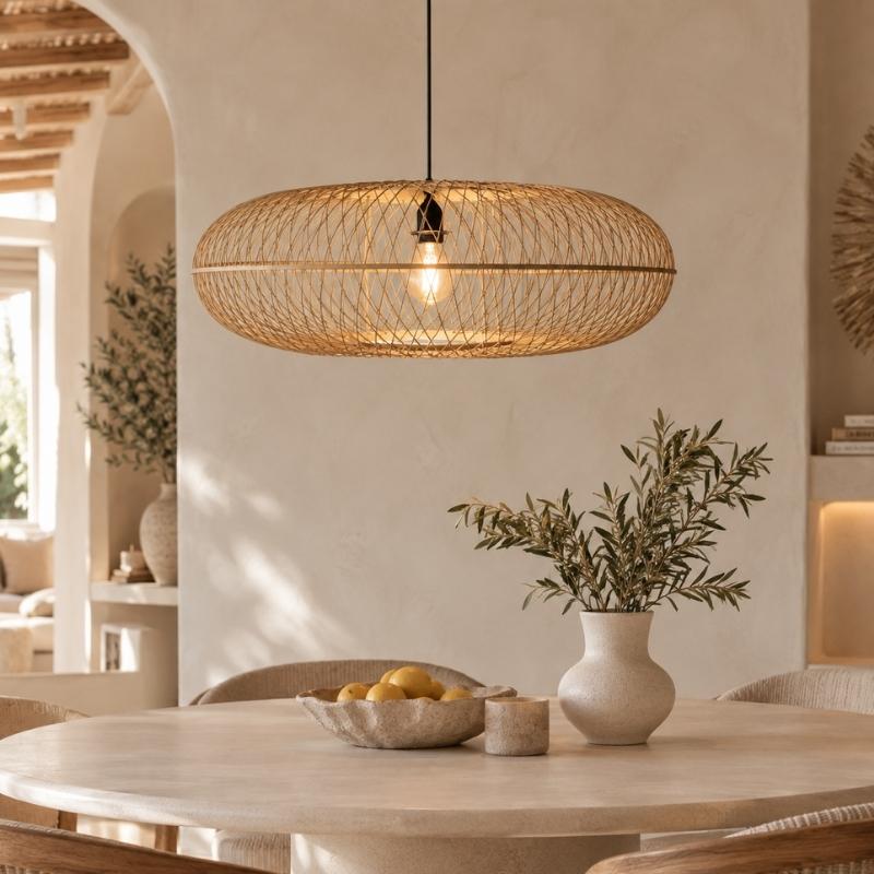 Bamboe hanglamp Lina – 4shine Woven rattan pendant lamp above a round dining table with a bowl of lemons and a vase of greenery in a warm, neutral dining area