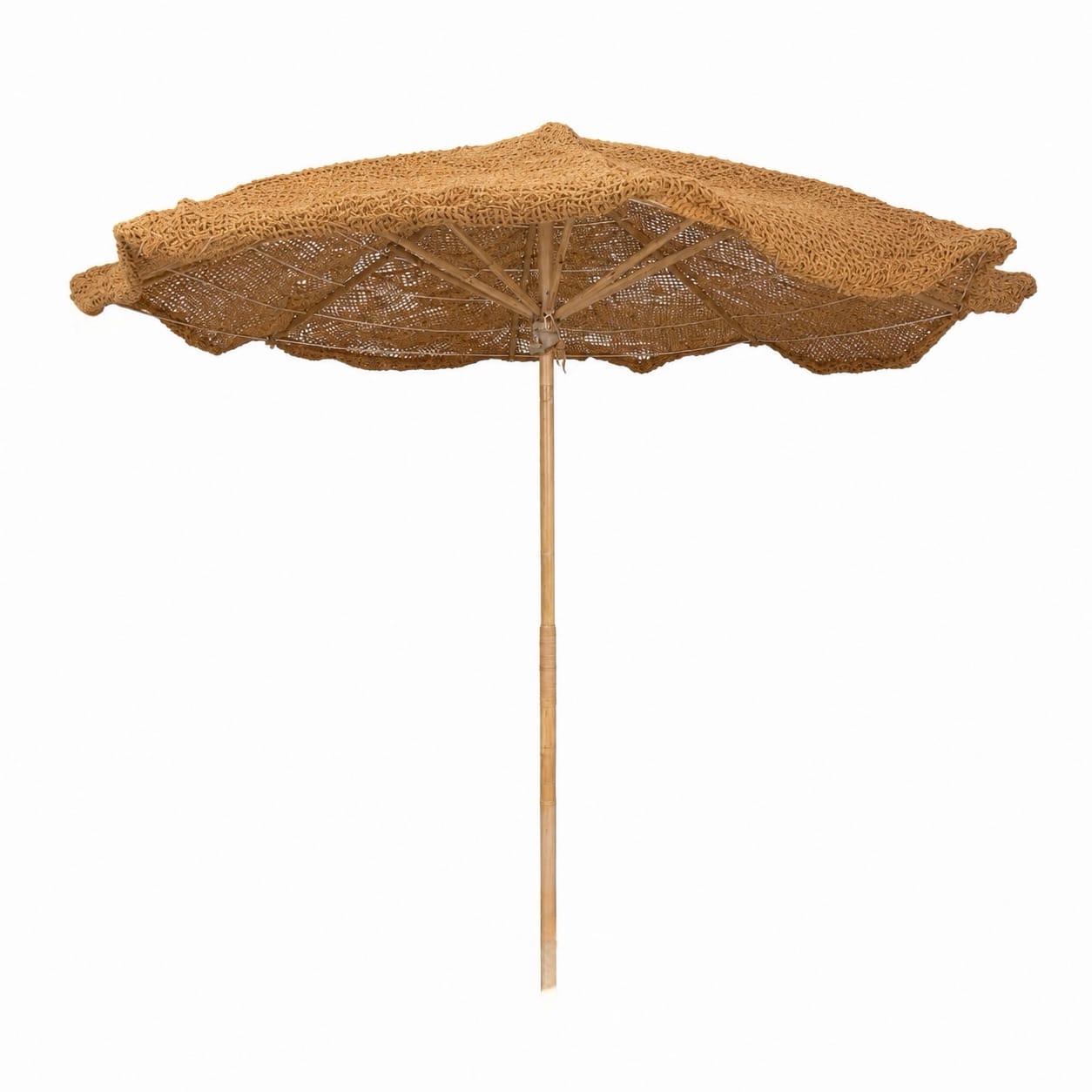 Brown woven beach parasol with a bamboo pole, open against a light background.